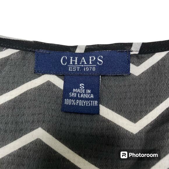 Chaps Womens SZ S Chevron Black & White Top Sheer Asymmetrical Hem Bow At Waist - Picture 3 of 14